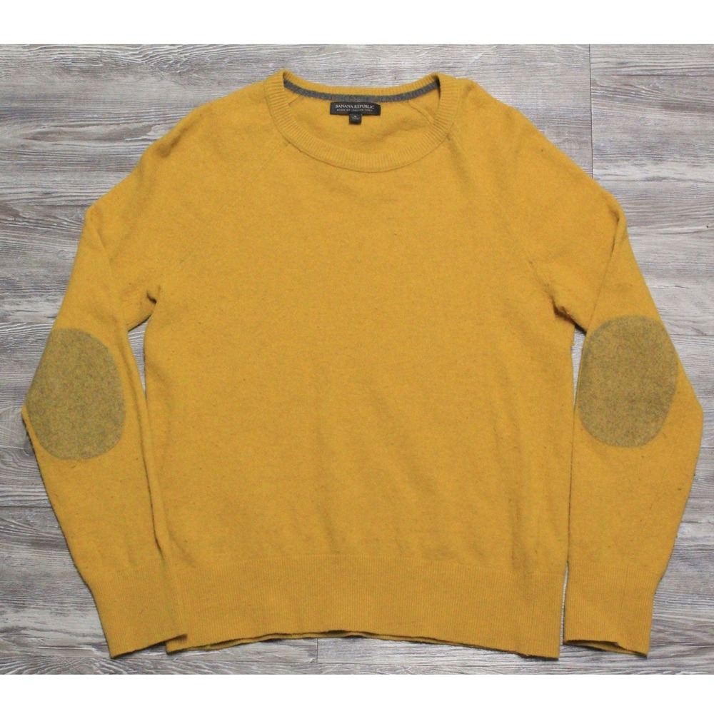 Banana Republic Men's Sweater Small Mustard Yellow Wool Blend Elbow Patch